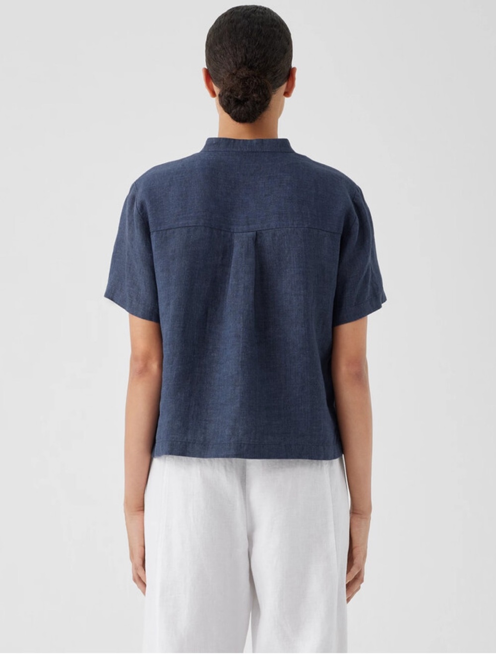 Eileen Fisher Washed 100% Organic Linen Delave Band Collar Shirt In Stone - Picture 3 of 15
